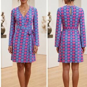 Macbeth Collection by Margaret Josephs Pink and Blue Geometric Wrap Dress